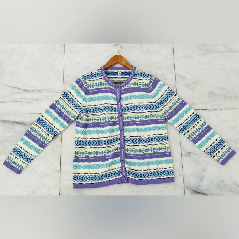 The Tog Shop Cardigan Sweater Fair Isle Purple Ivory Sequin Knit Women M Holiday